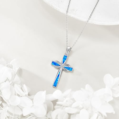 ONEFINITY Cross Necklace 925 Sterling Silver Cross Pendant Religious Jewelry Gifts - style: Blue Opal