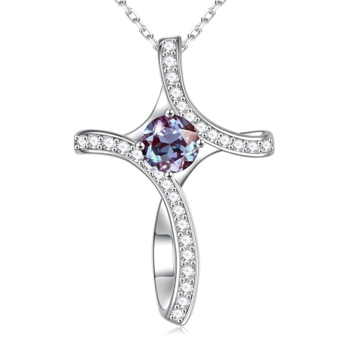 Iefil Cross Necklace for Women - Birthstone Necklace for Women Wife Her - color: 06-June-Alexandrite Light Purple