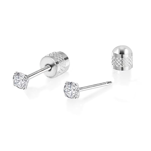 Titanium Earrings Push-in Threadless Flat Back Stud Earrings for Women Men, Cartilage Earring Hypoallergenic Cubic Zirconia Earrings Studs for Helix Tragus Piercing Jewelry - color: Silver-4mm