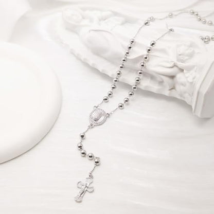 Women's Gold Rosary Beads Necklace,14K Gold Plated Virgin Mary Y Necklaces - color: Silver