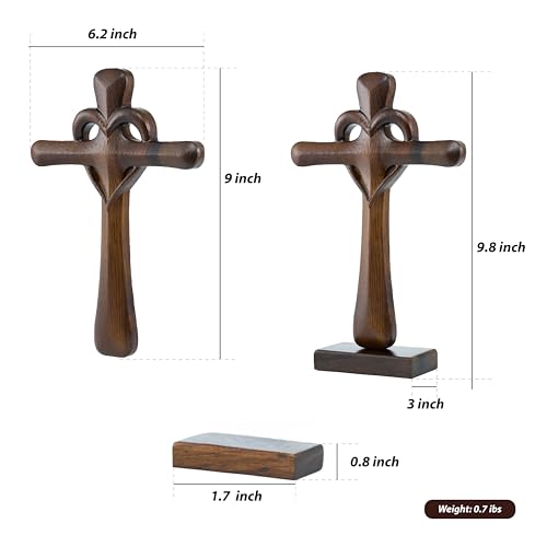DAICAT - Hand-carved Wooden Cross Wall Decor, 10 Inch Tall Larger Cross for Home Decor, Cross Decor for Wall, Hand made Wood Crosses Wall and Table, Wedding Gifts for Couple (No 5)