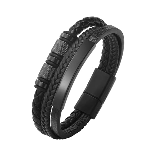 Kim Carrey Italian Handmade Leather Bracelets for Men - color: Pure Black, size: 8.2"