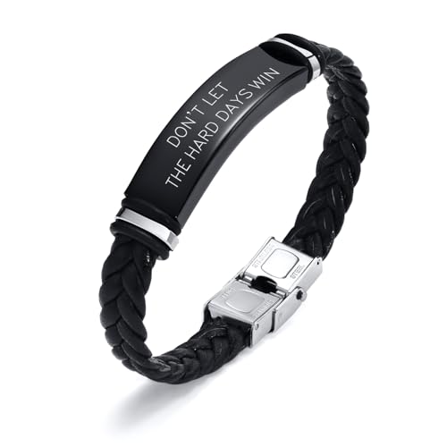 Leather Bracelet Sobriety Gifts for Men : Inspirational Quote/Bible Verse Engraved Braided Black Mens Bracelet for Him, Customized Religious Christian Gift Jewelry for Son/Dad/Boys/Boyfriend/Husband - style: 15:don't let the hard days win