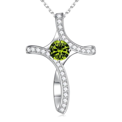 Iefil Cross Necklace for Women - Birthstone Necklace for Women Wife Her - color: 08-August-Peridot Olive Green