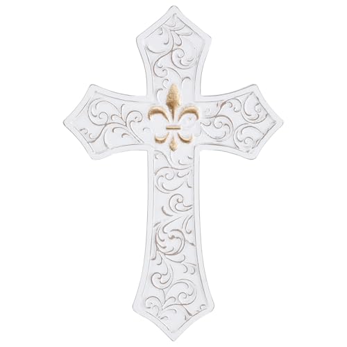 TRENDIN Gold Cross for Wall, Rustic Wooden Cross with Fleur de Lis Decor - color: Gold