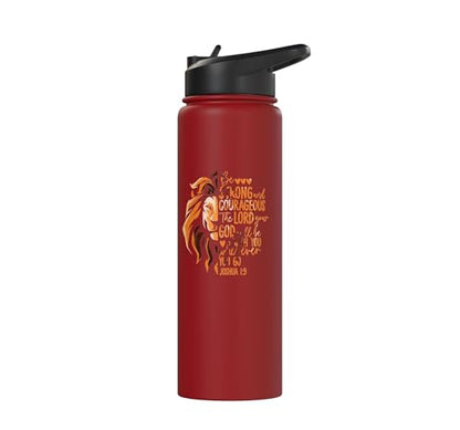 Christian Bible Verse Joshua 1:9 Lion Stainless Steel Insulated Water Bottle - color: Red
