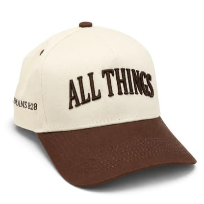 Faith Series 2-Tone Trucker Hat – Christian Faith-Based Cap with Bible Verse Detail - color: All Things | Romans 8:28 | Brown