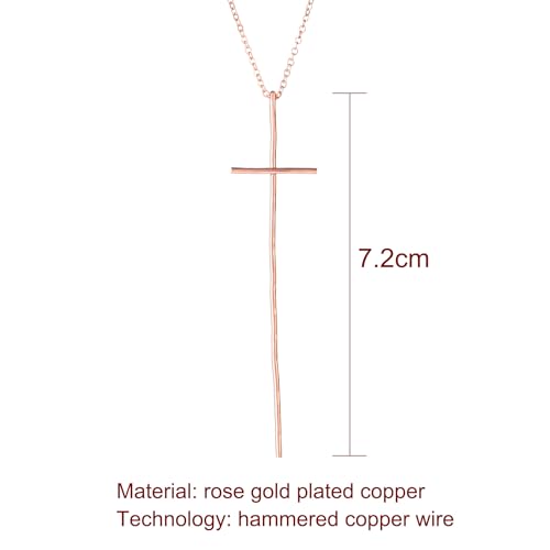 14K Gold Plated Long Hammered Cross Necklace for Women Religious Faith Jewelry Christian Gift - color: Rose Gold Plated, size: 45cm