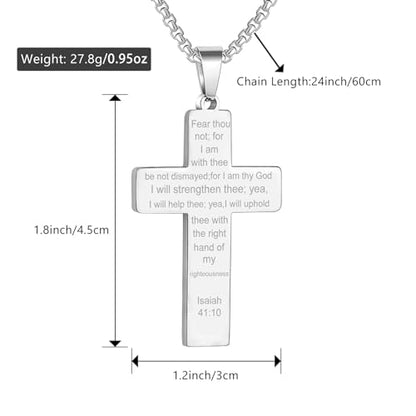 RWQIAN American Flag Cross Necklace for Men Bible Verse, Christian Religious Scriptures Faith Baptism 1st First Communion Pendant Chain for Boys, Fathers Dad Day Graduation Jewelry Gifts for Him - color: Silver, style: Isaiah 41-10