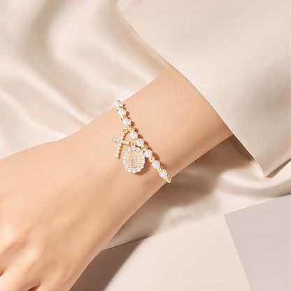 Rosary Cross Bracelet for Women, Gold Virgin Mary Rosary Beads Catholic Bracelet - style: white and gold beads
