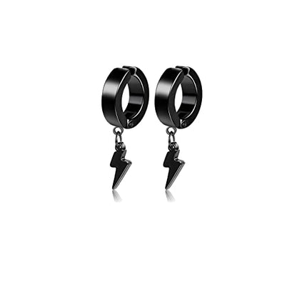 Unisex Punk Hip Hop Stainless Steel Silver Black Gold Tone Lock Thunder Lightning Bolt Dangle Huggie Hoop Earrings Gift for Women Men Boy Teens - color: Black-No Pierce Lightning