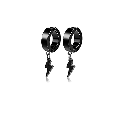 Unisex Punk Hip Hop Stainless Steel Silver Black Gold Tone Lock Thunder Lightning Bolt Dangle Huggie Hoop Earrings Gift for Women Men Boy Teens - color: Black-No Pierce Lightning