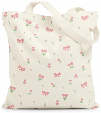 Canvas Tote Bag for Women with Zipper Cute - color: Bow Floral