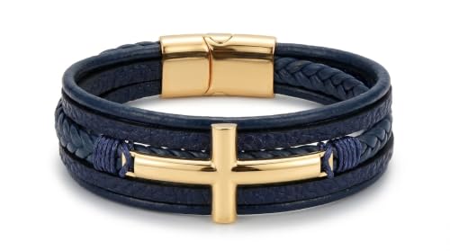 Stainless Steel Braided Leather Bracelet for Men Cuff Bangle Cross - color: Blue&Gold