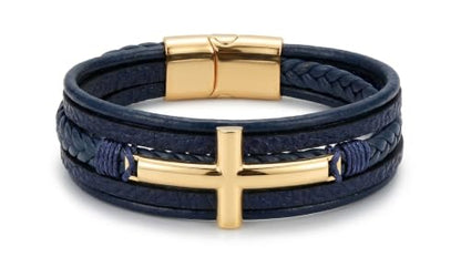 Stainless Steel Braided Leather Bracelet for Men Cuff Bangle Cross - color: Blue&Gold
