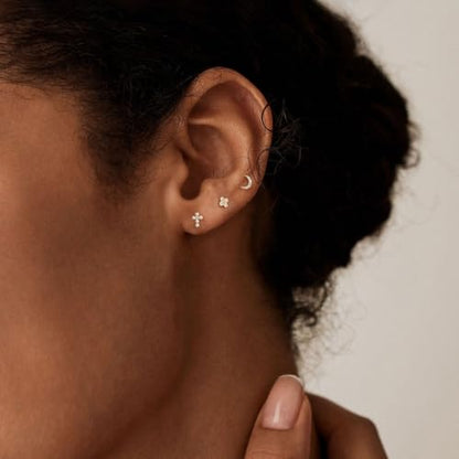 Flat Back Earrings - 14K Gold Plated Tiny CZ Butterfly Cross Moon Flat Back Stud Earrings Dainty Cartilage Earring Set Hypoallergenic Helix Earrings for Women Trendy Tragus Piercing Jewelry - color: Gold-Set4