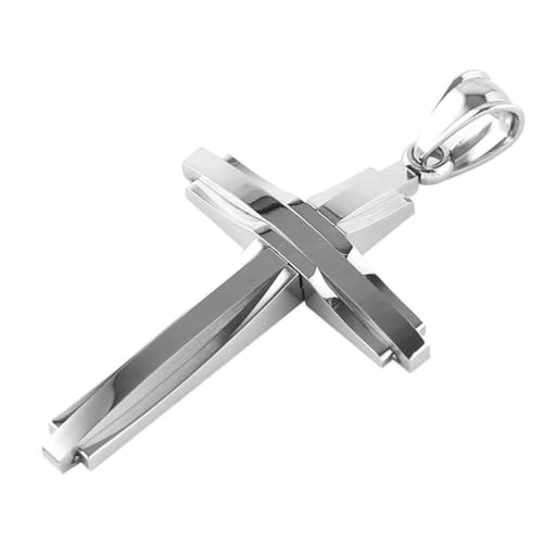 HZMAN Mens Polished Stainless Steel Silver Cross Pendant Necklace - color: Silver