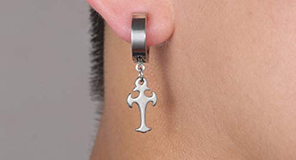 Non-pierced Earrings Set for Men Women Cross Titanium Steel Hoop Dangle Clip On Earring - style: set of silver