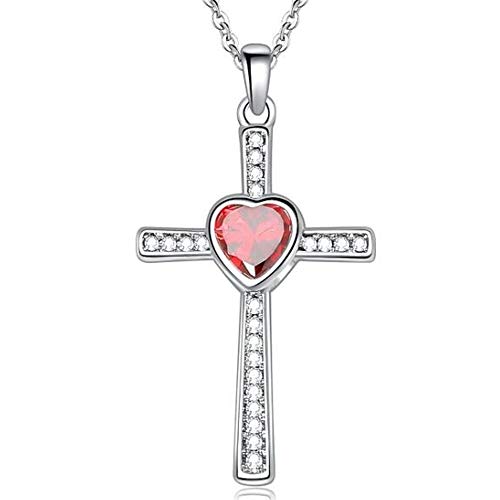 JUDE Stainless Steel Heart Birthstone Cross Statement Wedding Cocktail Party Pendant Necklace - color: Jan-Garnet