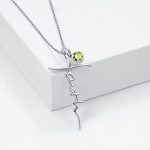 PRAYMOS Faith Cross Necklace for Women 925 Sterling Silver Pendant Necklace With Birthstone Initial Christian Religious Confirmation Baptism Mothers Day Gifts - color: 2-Silver August(Peridot)