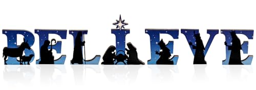Ushinemi Nativity Scene Christmas Decorations Wooden Believe Tabletop Sign