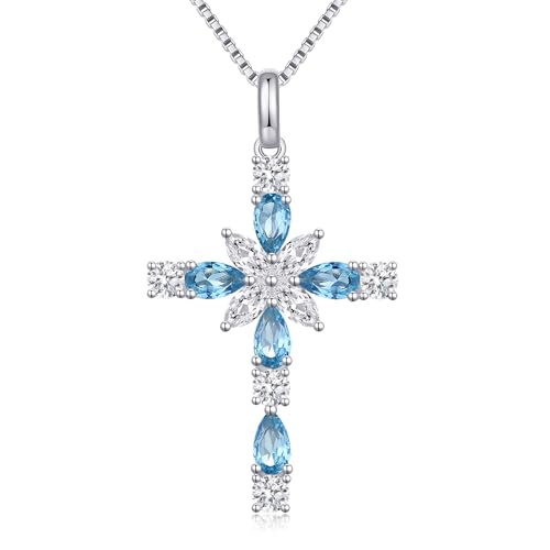 925 Sterling Silver Cross Necklace for Women，Birthday Delicate Star Cross Necklace Jewelry Gifts for Women，Birthstone Religious Jewelry for Mom, Chain 18 inch - color: C. 3. Blue-March