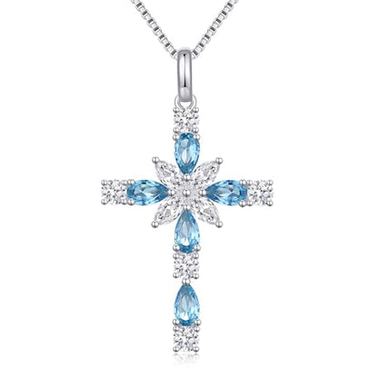 925 Sterling Silver Cross Necklace for Women，Birthday Delicate Star Cross Necklace Jewelry Gifts for Women，Birthstone Religious Jewelry for Mom, Chain 18 inch - color: L. 12. Blue-December-Sky Blue