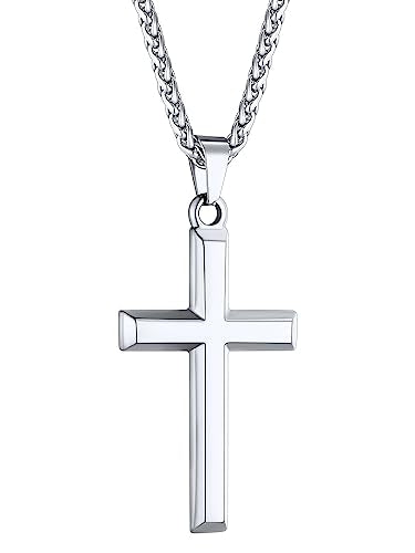ChainsHouse Cross Necklace for Men, Black/18K Gold Plated/Stainless Steel Christian Jewelry Cross Pendant Necklace for Men, with Gift Box - color: d: Cross-Steel