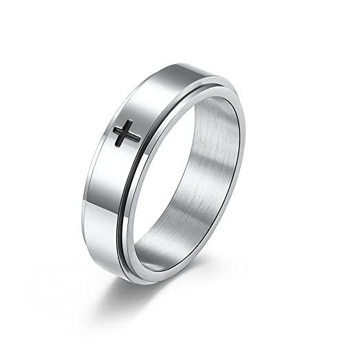 OIDIMS Minimalist Cross Christian Jesus Christ Lord Prayer Rotating Stress Relief Spinner Fidget Band Rings for Men Women Anxiety Finger Rotate Stainless Steel Fashion Cool Ring Birthday Gifts - color: Silver