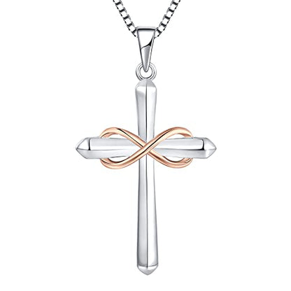 STARCHENIE Infinity Cross Necklace for Women Sterling Silver Polished Cross Pendant Crucifix Jewelry - color: Silver & Rose Gold