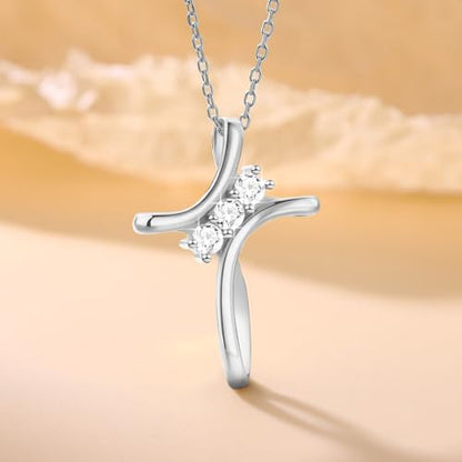 Cross Necklace for Women, 925 Sterling Silver 18K Gold Plated Diamond Necklace for Women, Cross Pendant with 3 Stone 5A Cubic Zirconia, Birthday Christmas Jewelry Gifts for Women Her, 20 Inches - color: White gold