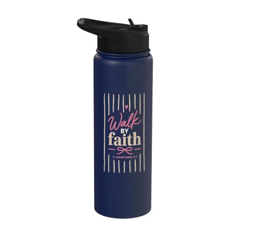 Christian Faith Scripture Verse Walk by Faith Pink Bow Stainless Steel Insulated Water Bottle - color: Navy Blue