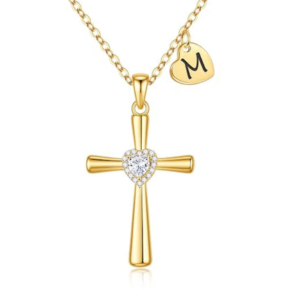 MONOOC Cross Initial Necklace for Women Girls - Christian Birthday Gifts - color: M
