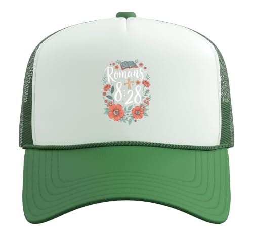 Romans 8:28 Bible Verse Flowers Cross Christian Women Trucker Hat with Adjustable Mesh Back - color: Kelly Green/White