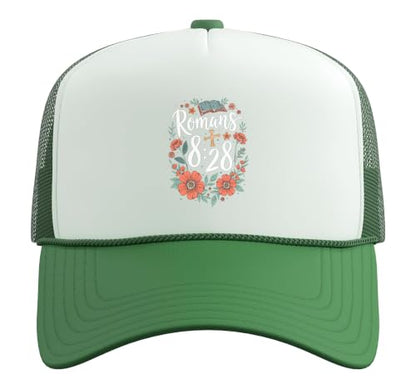 Romans 8:28 Bible Verse Flowers Cross Christian Women Trucker Hat with Adjustable Mesh Back - color: Kelly Green/White