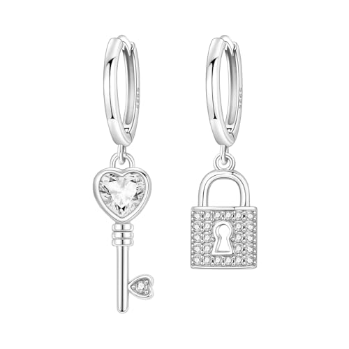 925 Sterling Silver Hoop Earrings Drop Dangle Earrings for Women Hypoallergenic Earring Trendy Huggie Earring Cute Graduation Birthday Gifts Jewelry for Women - color: Key lock earrings