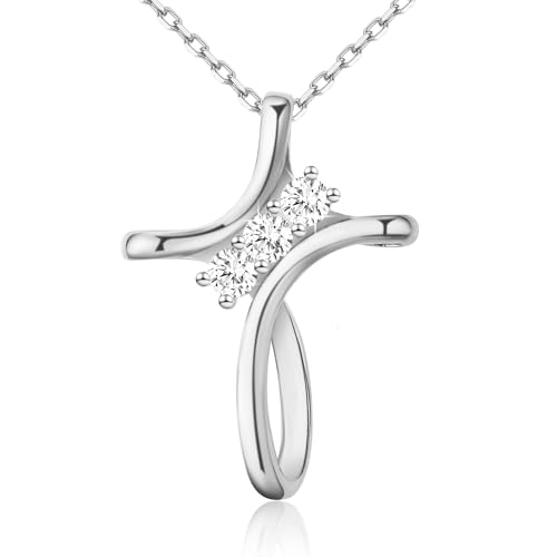 Cross Necklace for Women, 925 Sterling Silver 18K Gold Plated Diamond Necklace for Women, Cross Pendant with 3 Stone 5A Cubic Zirconia, Birthday Christmas Jewelry Gifts for Women Her, 20 Inches - color: White gold