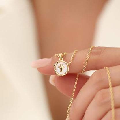 Gold Enamel Mini Cross Necklace Tiny Mother of Pearl Cross Necklace Religious Christian Gift for Baptism First Communion Christmas - color: small mother of pearl cross (10mm)-gold