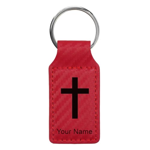 LaserGram Rectangle Keychain, Christian Cross, Personalized Engraving Included - color: Carbon Fiber Red