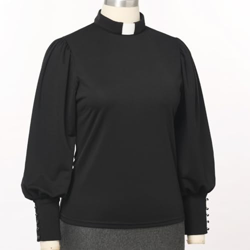 CAMDOM Womens Church Clergy Shirt Tab Collar Long Puff Sleeve with Cufflinks Blouse Top - size: Large