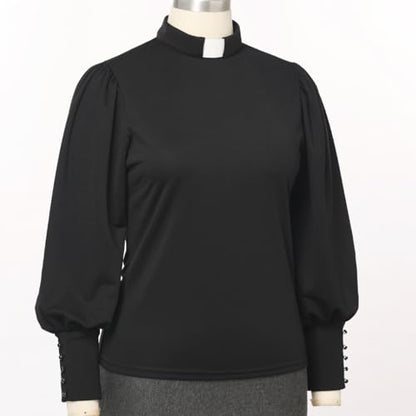 CAMDOM Womens Church Clergy Shirt Tab Collar Long Puff Sleeve with Cufflinks Blouse Top - size: Large