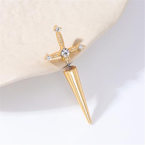 Gothic CZ Cross Sword Stud Earrings for Women Unisex - color: Gold