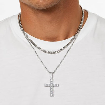 Fiusem Layered Cross Necklace for Men, Stainless Steel Cuban and Rope Chain - color: Silver, size: 16/18 inches