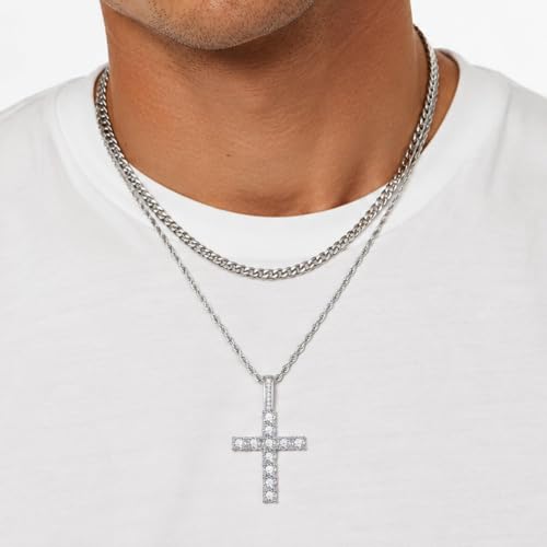 Fiusem Layered Cross Necklace for Men, Stainless Steel Cuban and Rope Chain - color: Silver, size: 22/24 inches