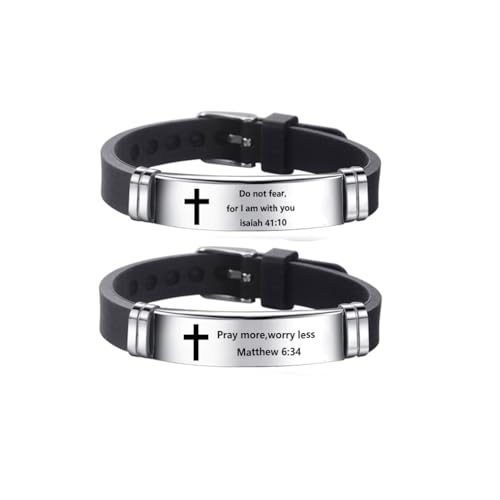 2Pcs Inspirational Quote Cross Bracelets Faith Christian Bible Verse Silicone ID Wristband Religious Bracelet Set Gift for Men Women - style: BR020-1/2