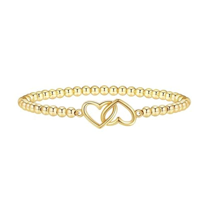 Beaded Bracelets for Women 14K Silver Gold Plated Stretch Handmade Ball Bracelets Cute Charm Bracelet Dainty Stackable Cross Heart Bow Wave CZ Circle Trendy Jewelry Easter Gifts - color: Gold-4