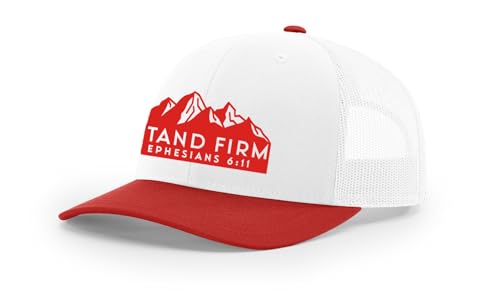 Trenz Shirt Company Mens Christian Hat Embroidered Stand Firm Ephesians 6:11 Scripture Mesh Back Trucker Hat - color: White/Red/White