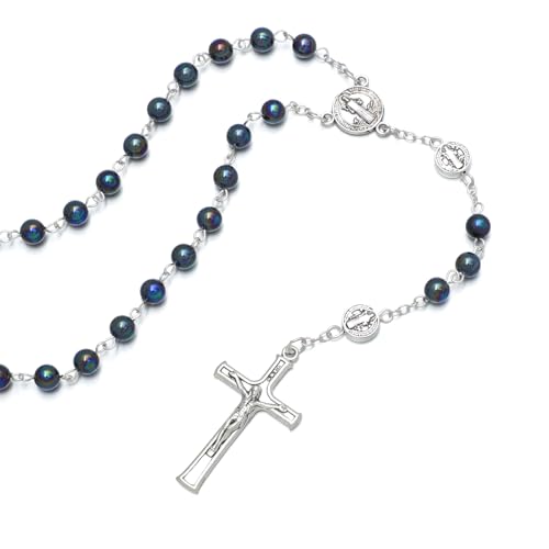 KOMI 6mm Glass Pearl Rosary Beads Catholic for Women with Metal Rosary Box Religious Gifts - style: St Benedict-black