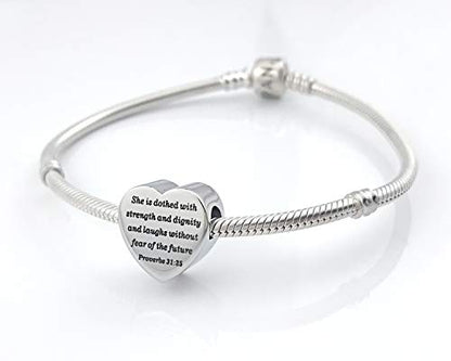 Heart Charm Fit Pandora Charms Bracelet Christian Bible Verse Charm Prayer Faith Religious Charms Gifts for Women - style: She is dothed with strength and dignity and laughs without fear of the future Proverbs 31:25
