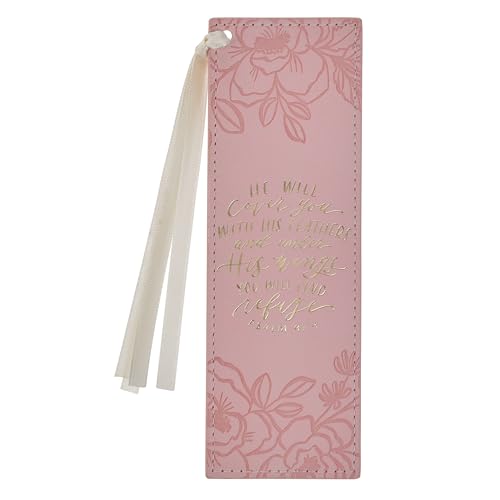 Christian Art Gifts Premium Faux Leather Bookmark: Under His Wings - color: Pink Floral/Under His Wings